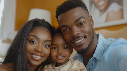 Fototapeta premium A happy African American family with a young child, sitting on a couch in their living room.