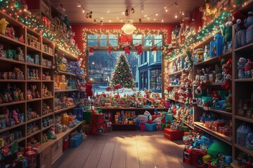 Naklejka premium Holiday display featuring toys and bright Christmas lighting