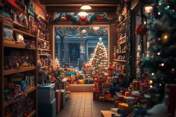 Toy store shelves full of toys and a festive holiday display