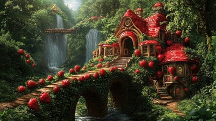 Fototapeta premium Nature landscape featuring a whimsical arch bridge and a charming strawberry themed house illustration