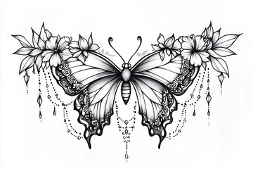 Butterfly tattoo with black ink and intricate flower patterns