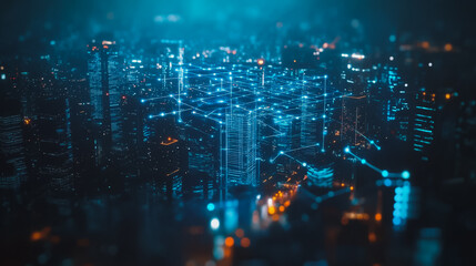 Fototapeta premium Smart digital Innovation city Business skyscrapers in the Financial District with connection network reciprocity over the cityscape. of future smart wireless digital city and social media networking