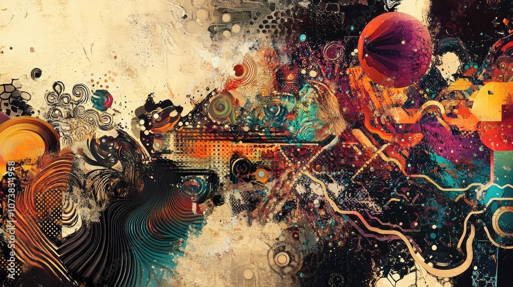 Poster abstract graphic design featuring a fusion of various images and intricate patterns