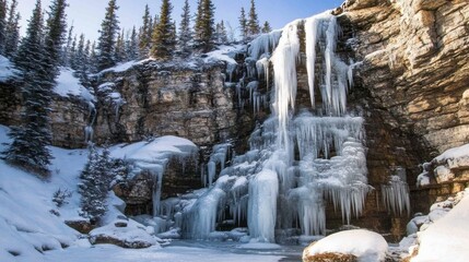 Breathtaking frozen waterfall nestled among towering pine trees