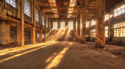 Echoes of Lost Industry: Abandoned Factory with Shattered Windows and Rusting Machinery in Dusty Light Beams