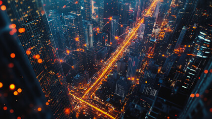 Fototapeta premium Smart digital Innovation city Business skyscrapers in the Financial District with connection network reciprocity over the cityscape. of future smart wireless digital city and social media networking