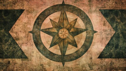 Abstract circular tapestry featuring a central star and two smaller stars on the sides adorned with vibrant sepia tinted pink and green hues