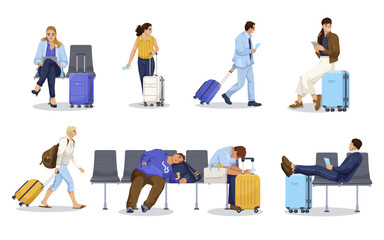 Obraz premium Various travelers at an airport, showcasing different activities. Vector illustration