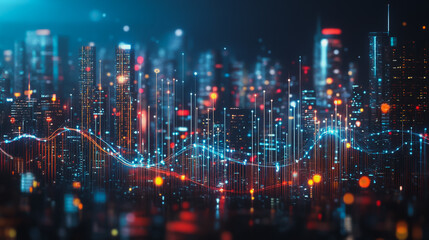 Fototapeta premium Smart digital Innovation city Business skyscrapers in the Financial District with connection network reciprocity over the cityscape. of future smart wireless digital city and social media networking