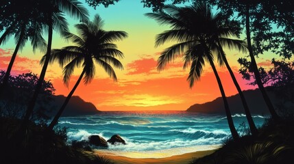 Vibrant sunset over a tropical beach framed by palm trees, creating a serene and enchanting coastal atmosphere.