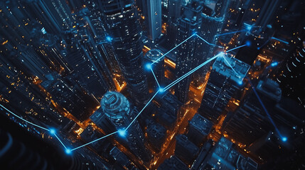 Fototapeta premium Smart digital Innovation city Business skyscrapers in the Financial District with connection network reciprocity over the cityscape. of future smart wireless digital city and social media networking