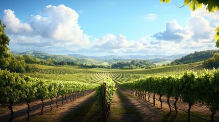 Fototapeta premium Lush green vineyard landscape under a bright blue sky, showcasing nature's beauty and tranquility.