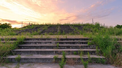 Relics of Glory: Abandoned Sports Stadium Among Weeds at Sunset