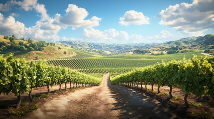 Naklejka premium A picturesque vineyard landscape, showcasing rows of grapevines under a bright blue sky with fluffy clouds.
