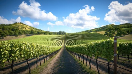 Naklejka premium Lush green vineyard landscape under a clear blue sky, showcasing rows of vines and rolling hills.