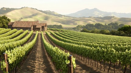 Serene vineyard landscape showcasing lush green rows under a clear blue sky, perfect for wine enthusiasts.