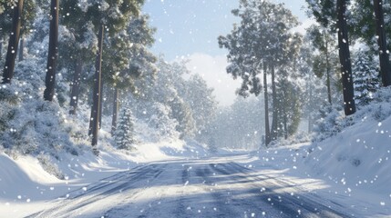 Obraz premium Serene winter landscape featuring a snow-covered road and trees
