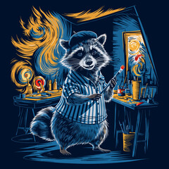 Obraz premium Charming Raccoon Artist Creating a Starry Night Painting in Studio - T-Shirt Print Design