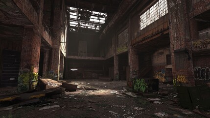 Fototapeta premium Echoes of the Past - Abandoned Warehouse with Graffiti-Covered Walls and Broken Windows Awaits New Life