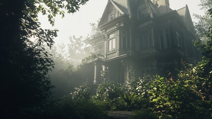 Fototapeta premium Eerie Beauty of a Neglected Victorian Mansion: Forgotten Elegance Amidst Overgrown Wild Garden Shadows.