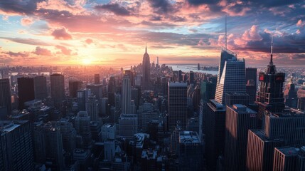 Fototapeta premium Stunning aerial view of a vibrant sunset over a bustling city skyline, highlighting iconic skyscrapers and dramatic clouds.