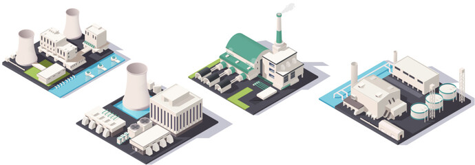 Multiple industrial factories and structures are presented on a flat layout. Vector illustration