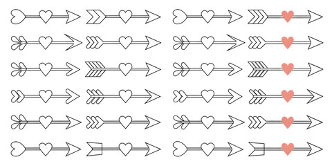 Hand drawn arrows with hearts isolated on white background.AI GENERATED