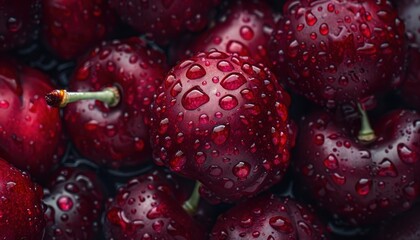 Detailed image of ripe cherries with water droplets, highlighting their freshness and texture