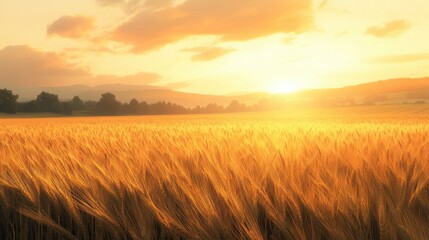 Obraz premium Golden wheat field at sunset, creating a serene and warm atmosphere with vibrant orange and yellow hues.