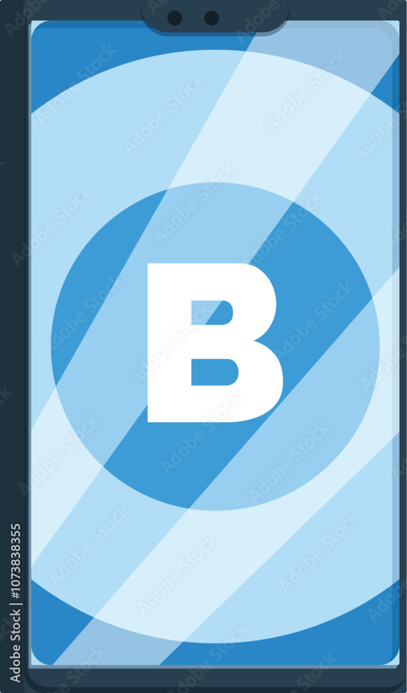 Poster installing new mobile application with letter b on smartphone screen, software setup process on cell