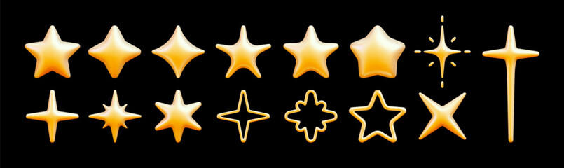 Pack of golden 3D stars. Cartoon realistic yellow plastic star, with four, five and six rays, magical sparkling lighting, for feedback and rank. Vector collection