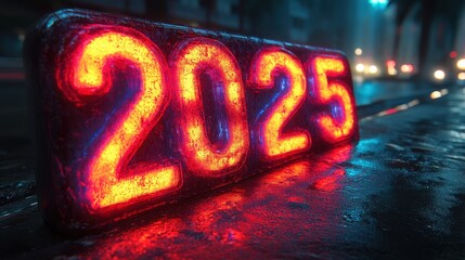 A neon sign reading “2025” on an evening street. Blured background.