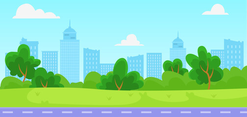 A vibrant cityscape with skyscrapers and lush greenery under a blue sky. Vector illustration