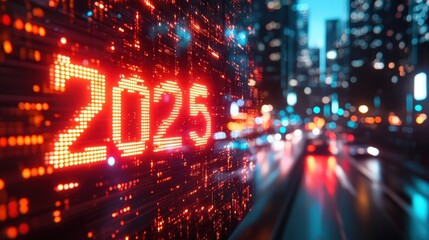 A neon sign reading “2025” on an evening street. Blured background.