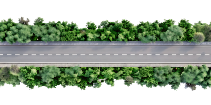 Aerial view of straight asphalt road isolated on white background.AI GENERATED