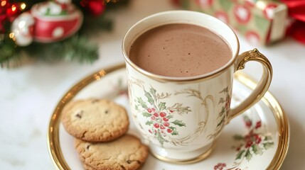 Fototapeta premium Classic French chocolat chaud in a vintage mug, paired with a plate of festive cookies and holiday decorations