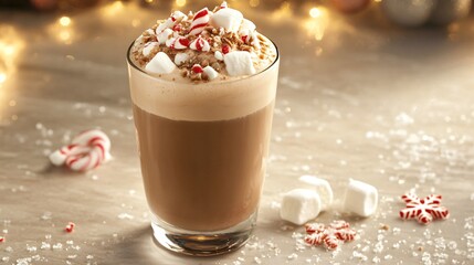 Creamy peppermint mocha with crushed candy cane garnish, served in a clear glass with snowflake-shaped marshmallows on top