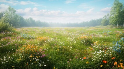 Obraz premium A serene meadow filled with vibrant wildflowers under a bright blue sky, creating a peaceful natural landscape.