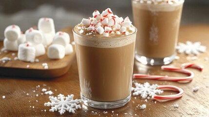 Creamy peppermint mocha with crushed candy cane garnish, served in a clear glass with snowflake-shaped marshmallows on top