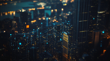 Fototapeta premium Smart digital Innovation city Business skyscrapers in the Financial District with connection network reciprocity over the cityscape at night time of future smart wireless social media networking 