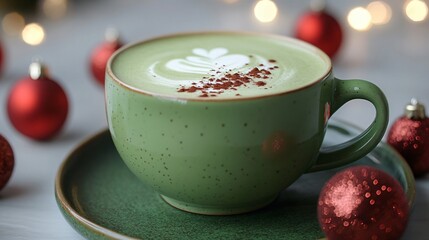 Festive matcha latte with white chocolate, served in a green ceramic cup with red Christmas ornaments around