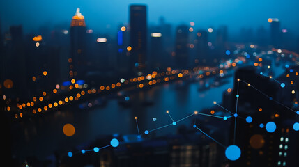 Smart digital Innovation city Business skyscrapers in the Financial District  with connection network reciprocity over the cityscape at night time of future smart wireless social media networking 