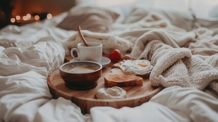 A tray of breakfast food is on a bed with a blanket