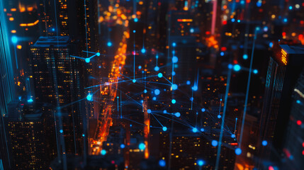 Fototapeta premium Smart digital Innovation city Business skyscrapers in the Financial District with connection network reciprocity over the cityscape at night time of future smart wireless social media networking 