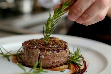 Succulent grilled steak garnished with fresh rosemary, showcasing the perfect sear marks on a white plate, with a balsamic reduction drizzle, exemplifying fine dining cuisine