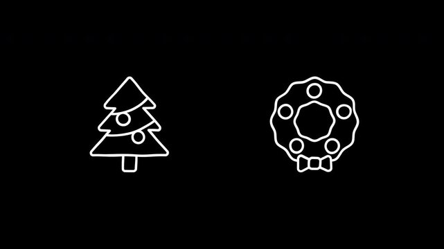 Christmas icon scribble animated on transparent background. Doodle element motion graphic with alpha channel. Snowman, tree, candy cane, mistletoe, snowflake, star, gift, ornament, hat, glove, sock.