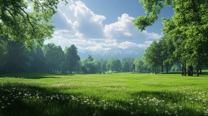 Obraz premium A serene landscape showcasing lush green grass, blooming flowers, and majestic mountains under a clear blue sky.