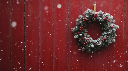 Decorative christmas wreath with red berries on wooden background