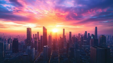 Fototapeta premium A breathtaking sunset viewed over a modern city skyline, with vibrant purple and orange skies illuminating the buildings.