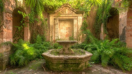 Obraz premium Serene Decay - Abandoned Stone Fountain Overgrown with Weeds in a Deserted Courtyard of Forgotten Beauty